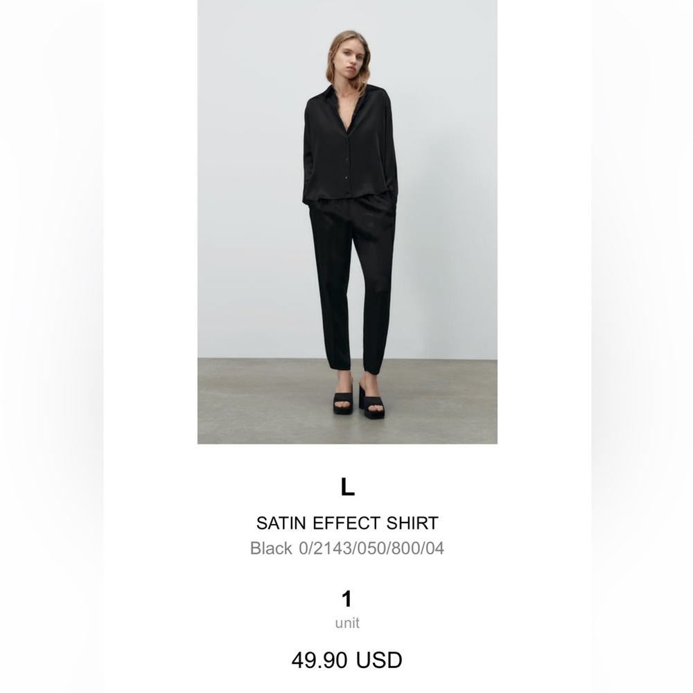 Zara Satin Effect Button Down Long Sleeve size Large in Black